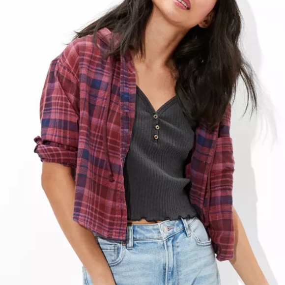 American Eagle Outfitters Tops - American Eagle Women S Burgundy Plaid Distressed Cropped Hooded Flannel Shirt